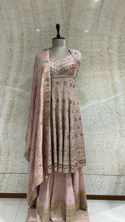 Peach Sequins & Thread Embroidered Anarkali Set For Women
