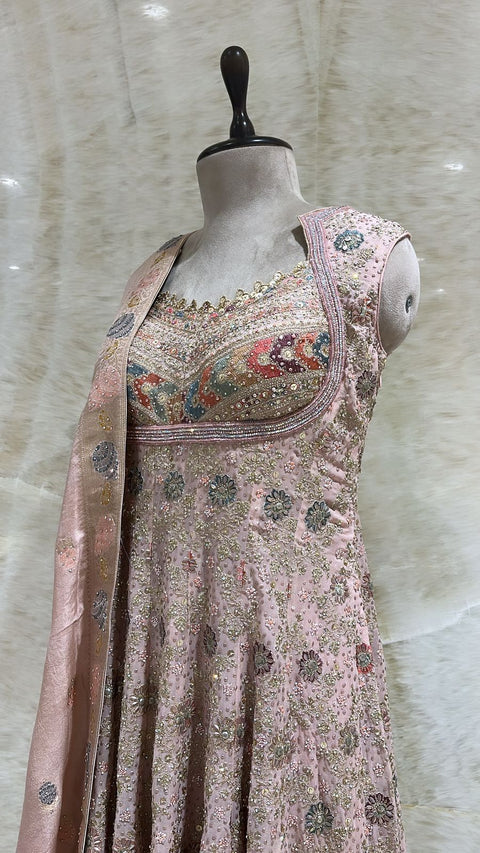 Peach Sequins & Thread Embroidered Anarkali Set For Women