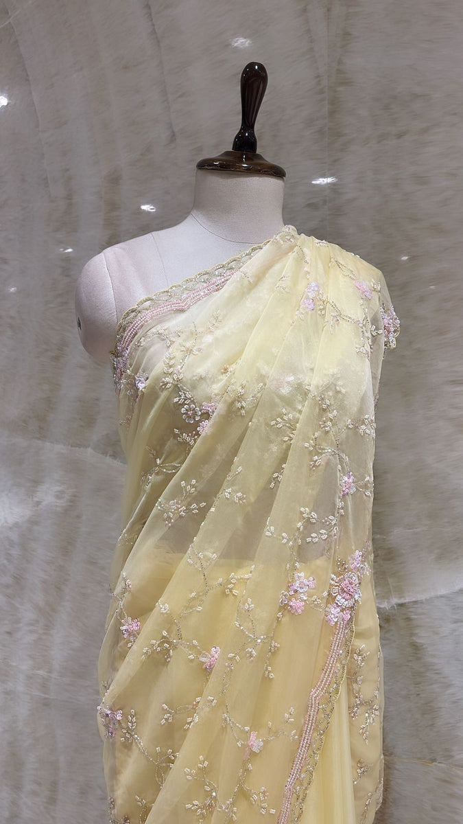 Lemon Fizz Chiffon Organza Saree with Lace and Blouse fabric main image 0