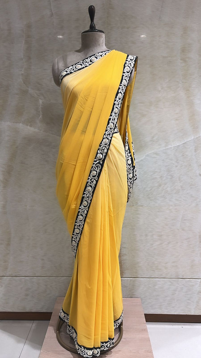 Lemon Pearls & Thread Work Embroidered Saree Frontier Phagwara