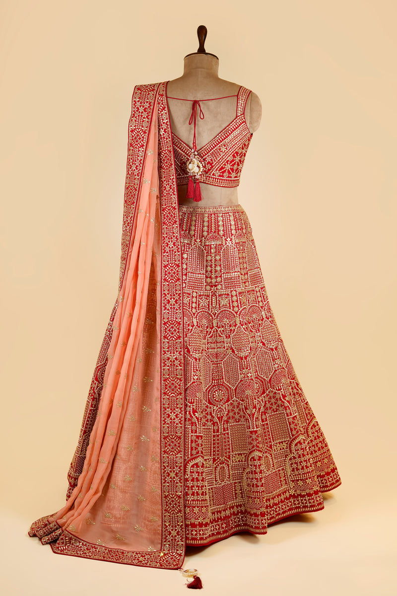 Crimson Red Bridal Lehenga- Frontier Raas