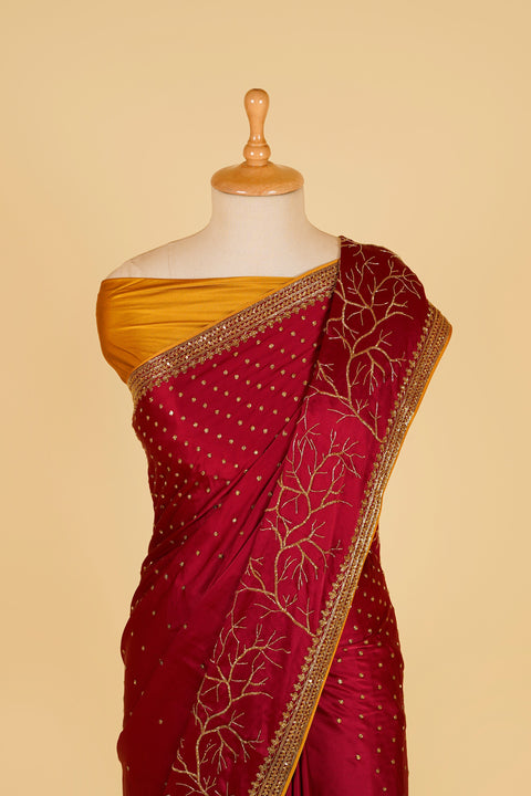 Wine Coloured Saree with Mustard Blouse