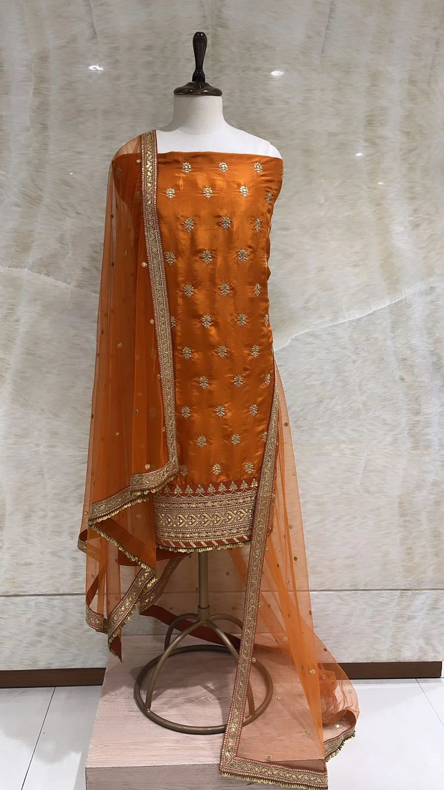 Mustard Orange Sequins & Dabka Unstitched Suit For Women