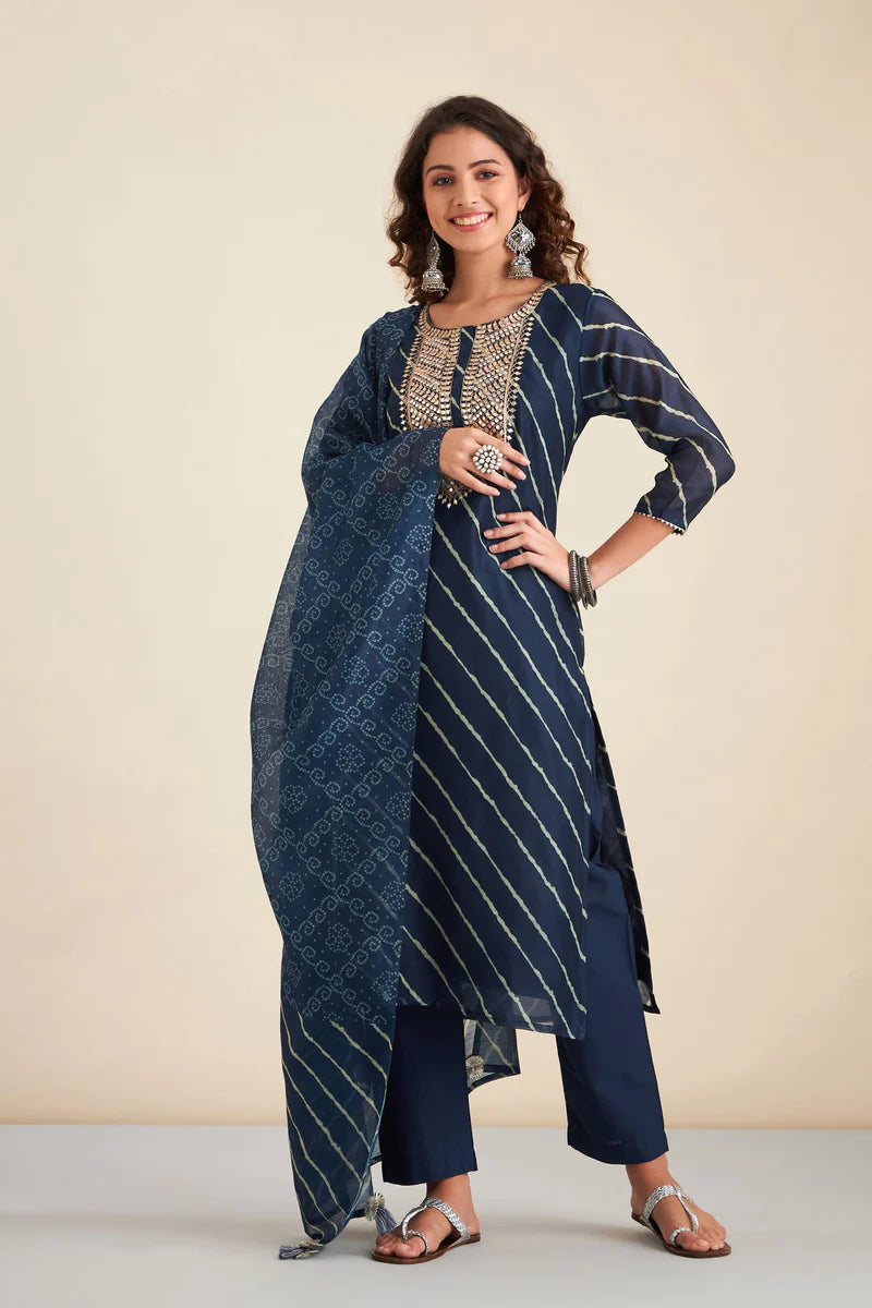 HERITAGE INDIA - NAVY BLUE CHANDERI SUIT SET (WITH PANTS AND DUPATTA)