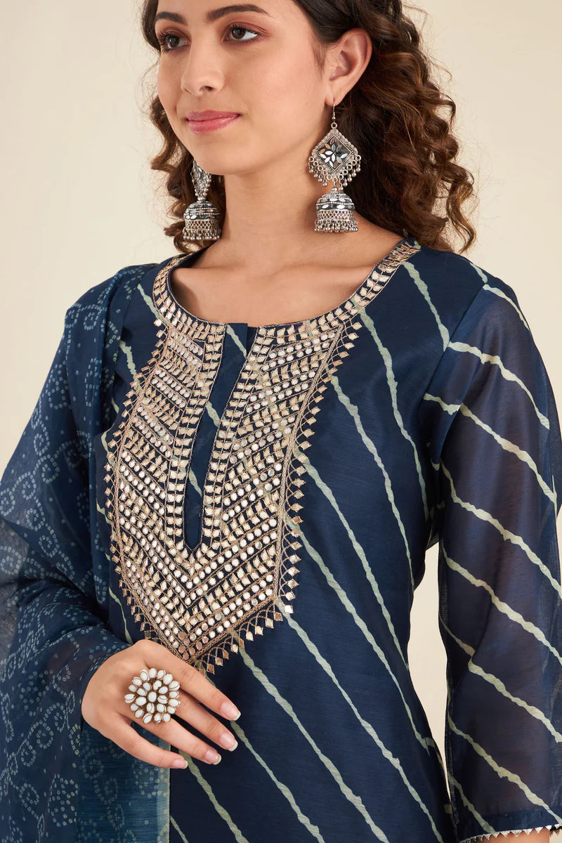 HERITAGE INDIA - NAVY BLUE CHANDERI SUIT SET (WITH PANTS AND DUPATTA)