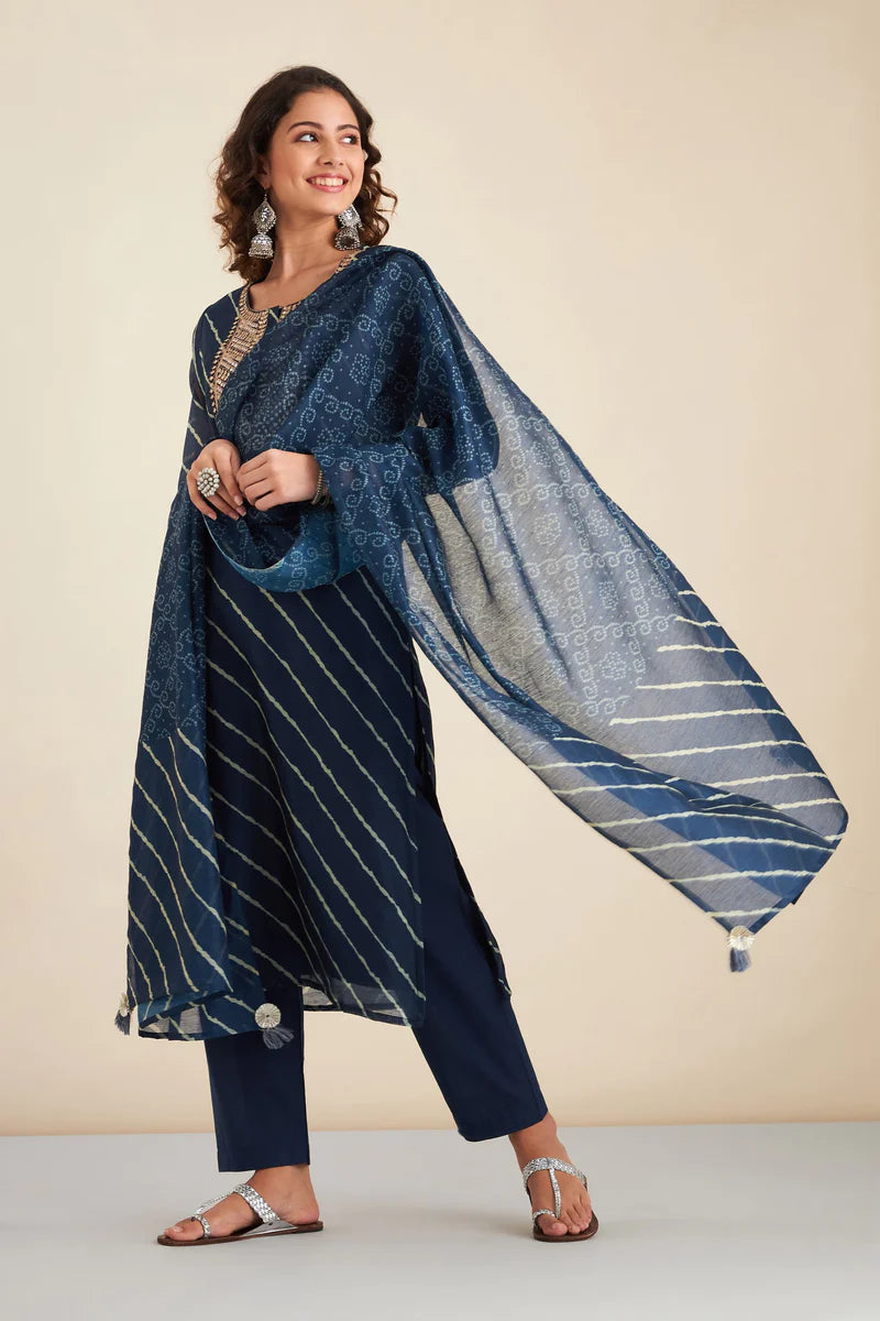 HERITAGE INDIA - NAVY BLUE CHANDERI SUIT SET (WITH PANTS AND DUPATTA)