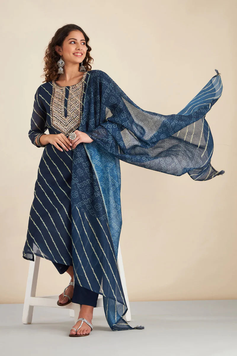 HERITAGE INDIA - NAVY BLUE CHANDERI SUIT SET (WITH PANTS AND DUPATTA)
