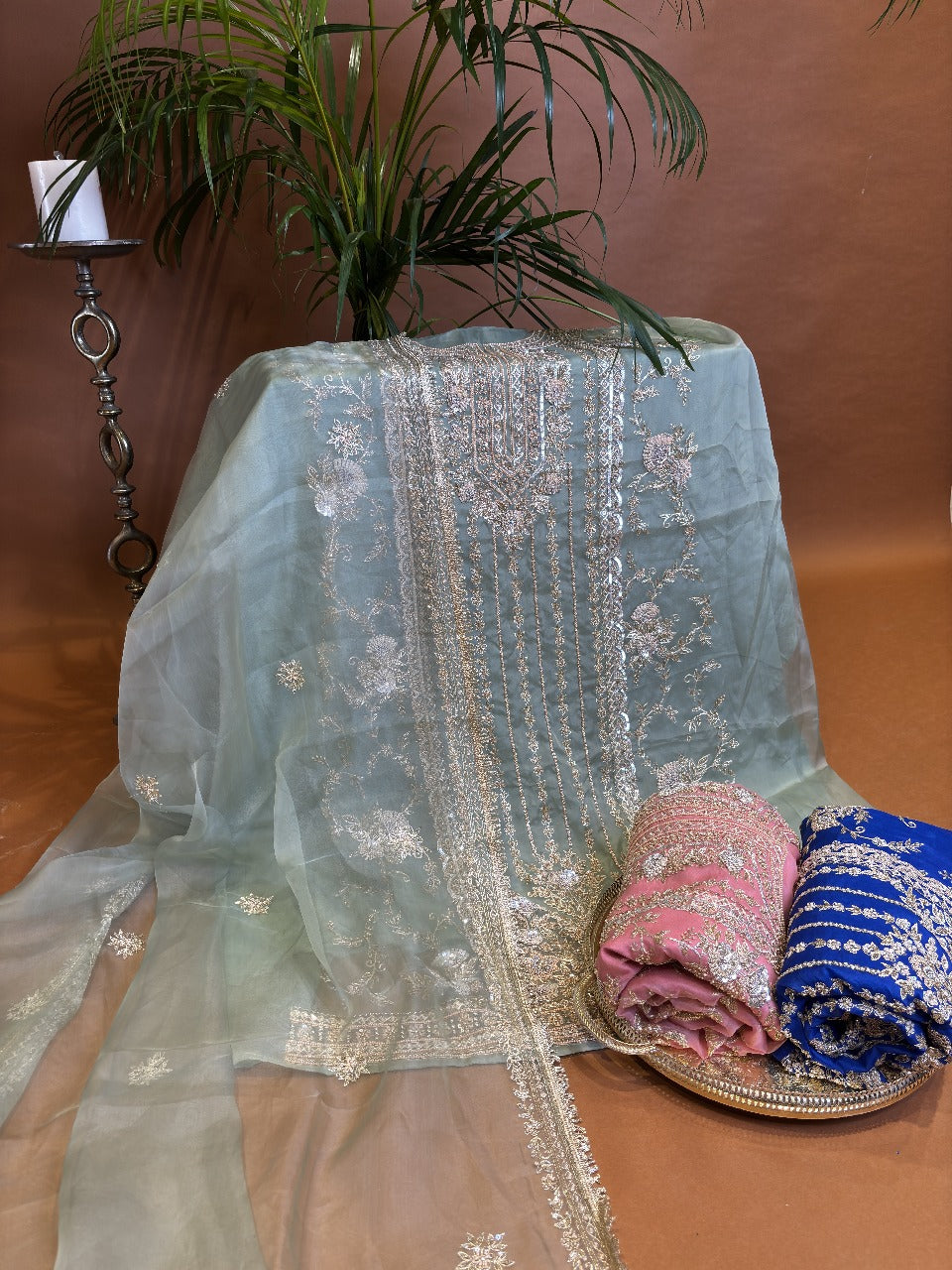 Light Green Organza suit with golden embroidery, sequins & beadwork