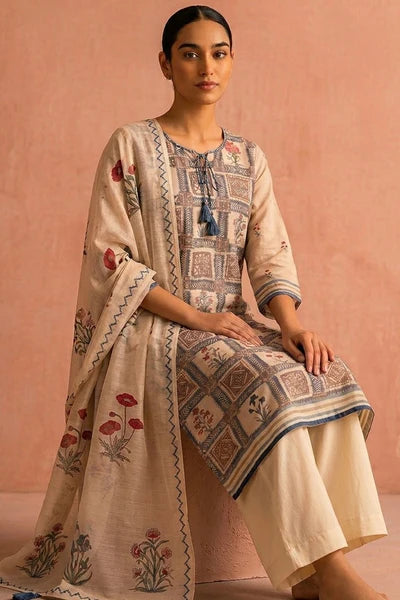 HERITAGE INDIA OFFICIAL - Warm Ivory Chanderi Printed Suit Set