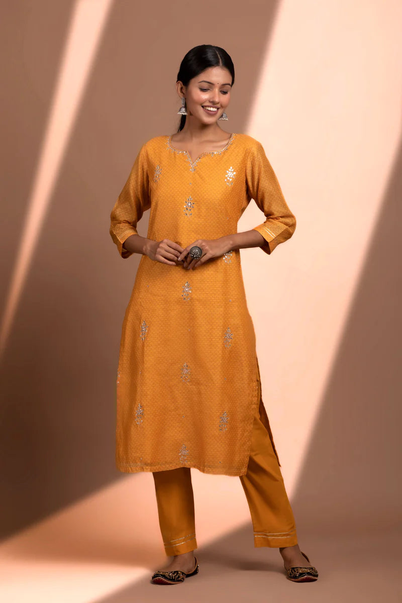 HERITAGE INDIA - MUSTARD STRAIGHT FIT CHANDERI KURTA SET (WITH PANT AND DUPATTA)