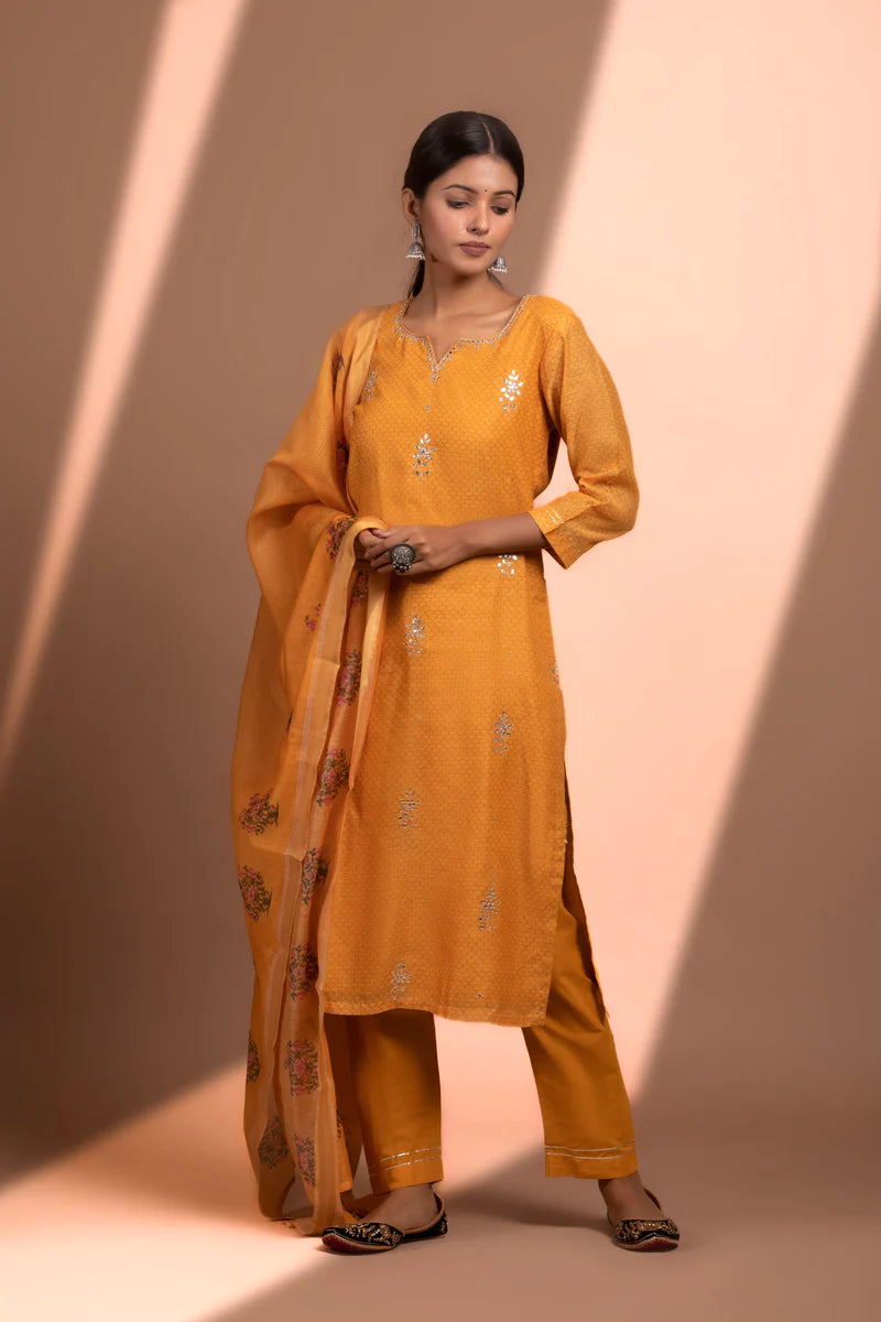 HERITAGE INDIA - MUSTARD STRAIGHT FIT CHANDERI KURTA SET (WITH PANT AND DUPATTA)