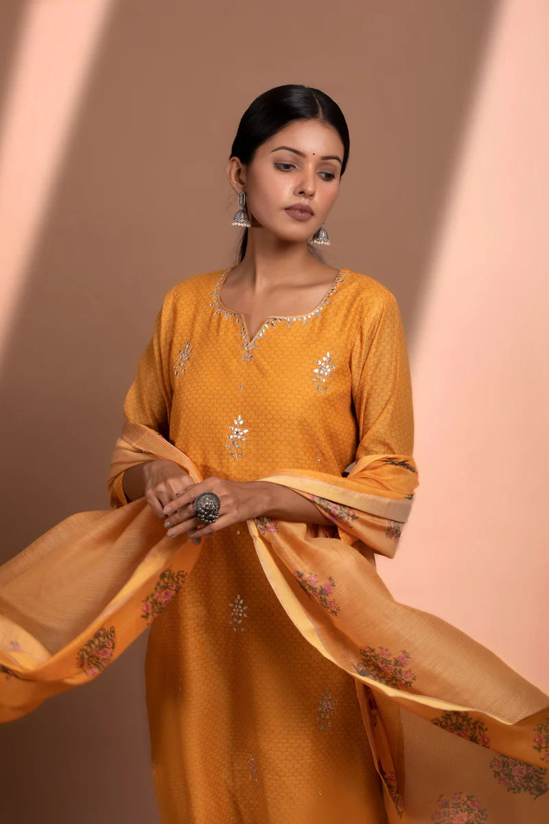 HERITAGE INDIA - MUSTARD STRAIGHT FIT CHANDERI KURTA SET (WITH PANT AND DUPATTA)