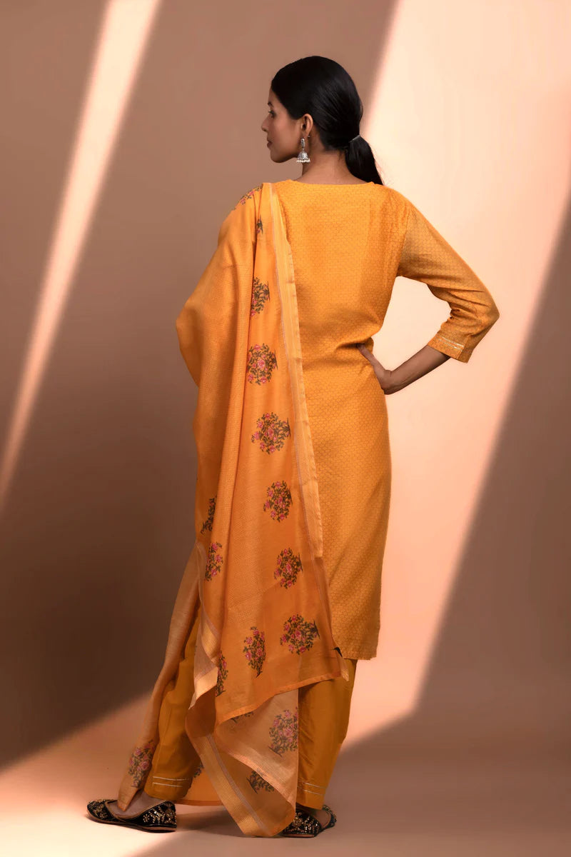 HERITAGE INDIA - MUSTARD STRAIGHT FIT CHANDERI KURTA SET (WITH PANT AND DUPATTA)