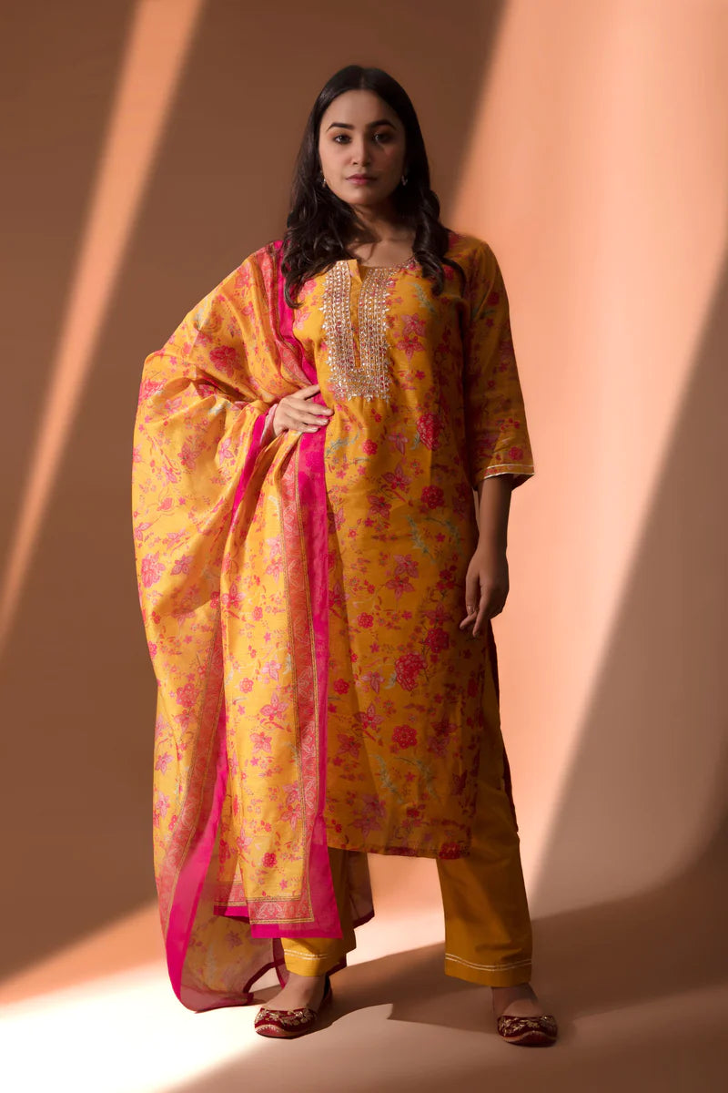HERITAGE INDIA - YELLOW STRAIGHT FIT CHANDERI KURTA SET (WITH PANT AND DUPATTA)