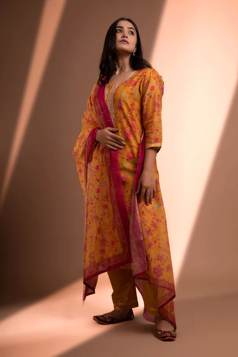 HERITAGE INDIA - YELLOW STRAIGHT FIT CHANDERI KURTA SET (WITH PANT AND DUPATTA)