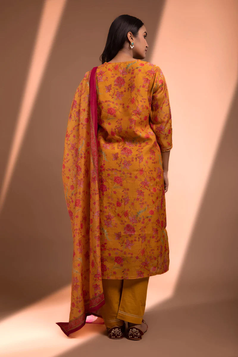 HERITAGE INDIA - YELLOW STRAIGHT FIT CHANDERI KURTA SET (WITH PANT AND DUPATTA)