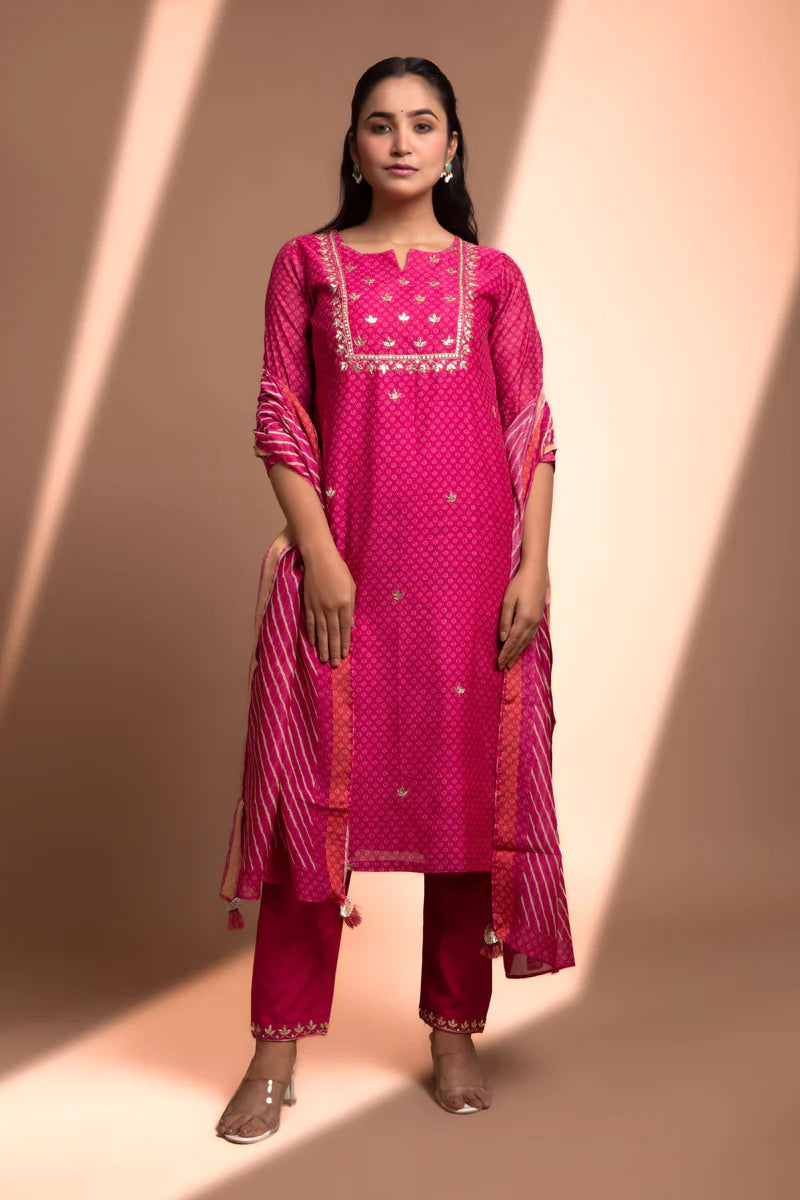 HERITAGE INDIA - PINK STRAIGHT FIT CHANDERI KURTA SET (WITH PANT AND DUPATTA)