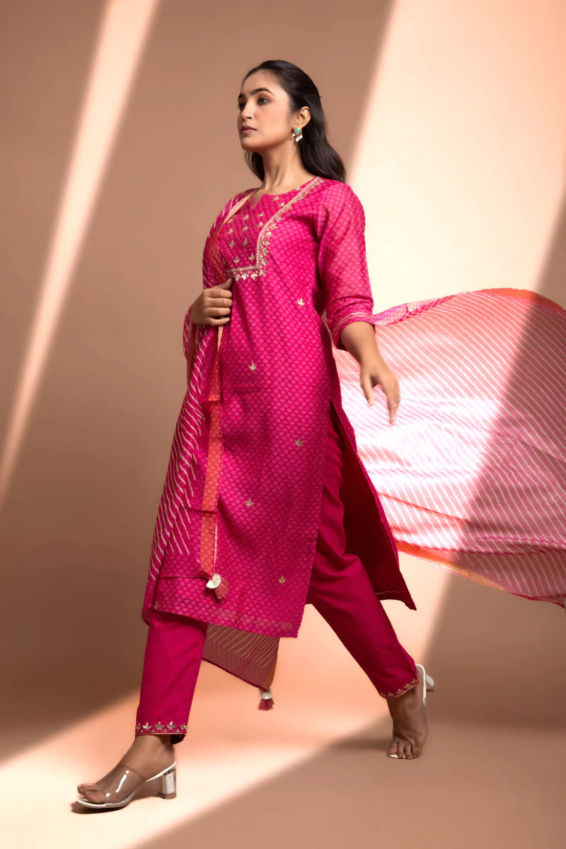 HERITAGE INDIA - PINK STRAIGHT FIT CHANDERI KURTA SET (WITH PANT AND DUPATTA)