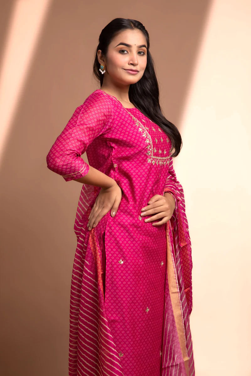 HERITAGE INDIA - PINK STRAIGHT FIT CHANDERI KURTA SET (WITH PANT AND DUPATTA)