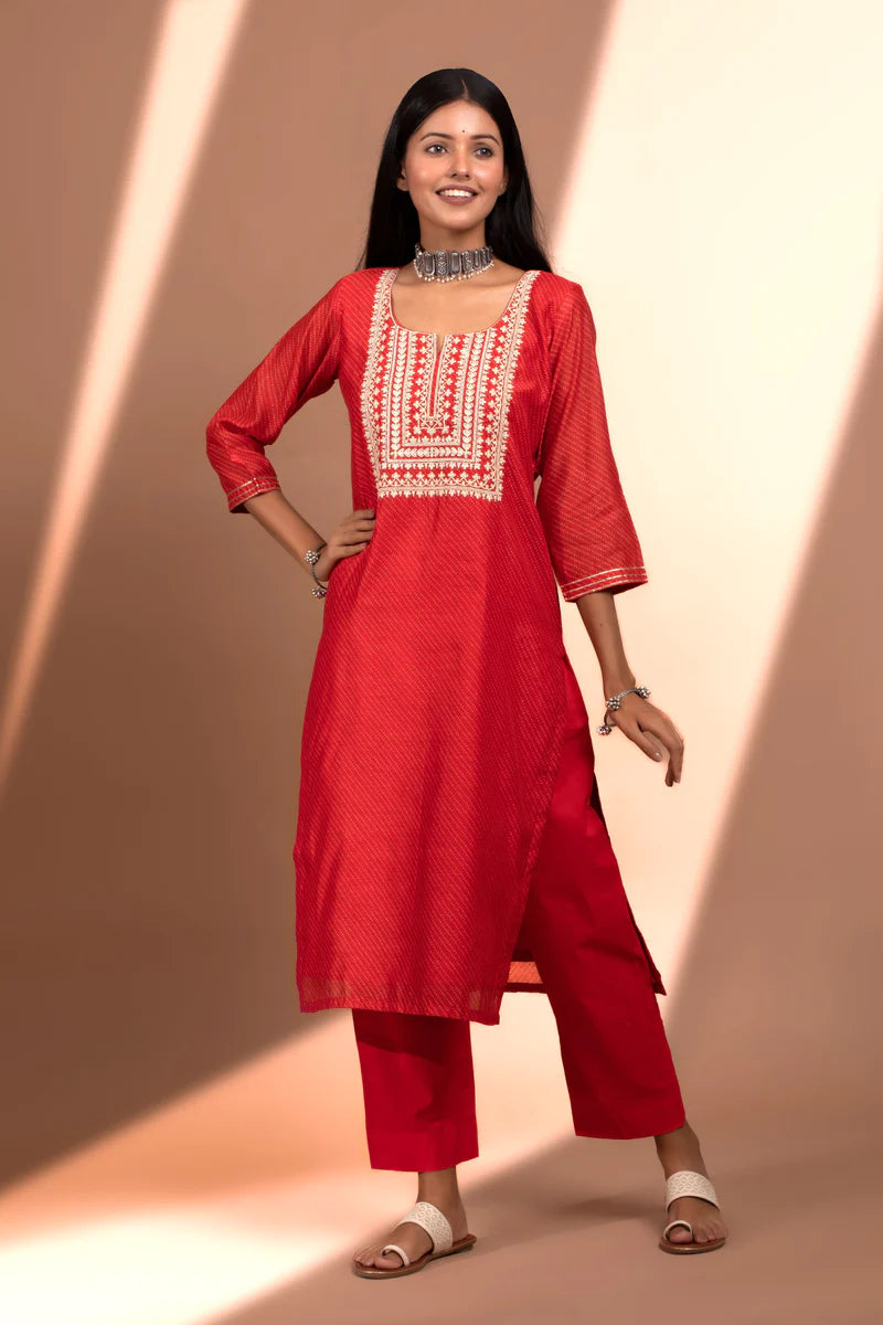 HERITAGE INDIA - RED STRAIGHT FIT CHANDERI KURTA SET (WITH PANT AND DUPATTA)