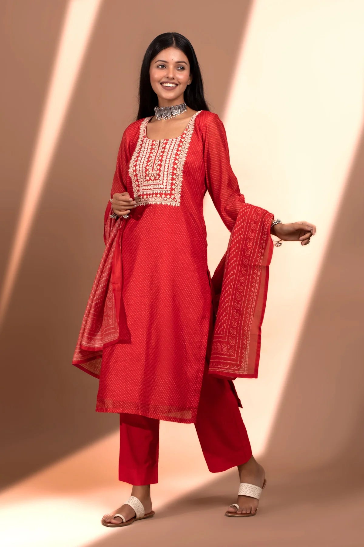 HERITAGE INDIA - RED STRAIGHT FIT CHANDERI KURTA SET (WITH PANT AND DUPATTA)