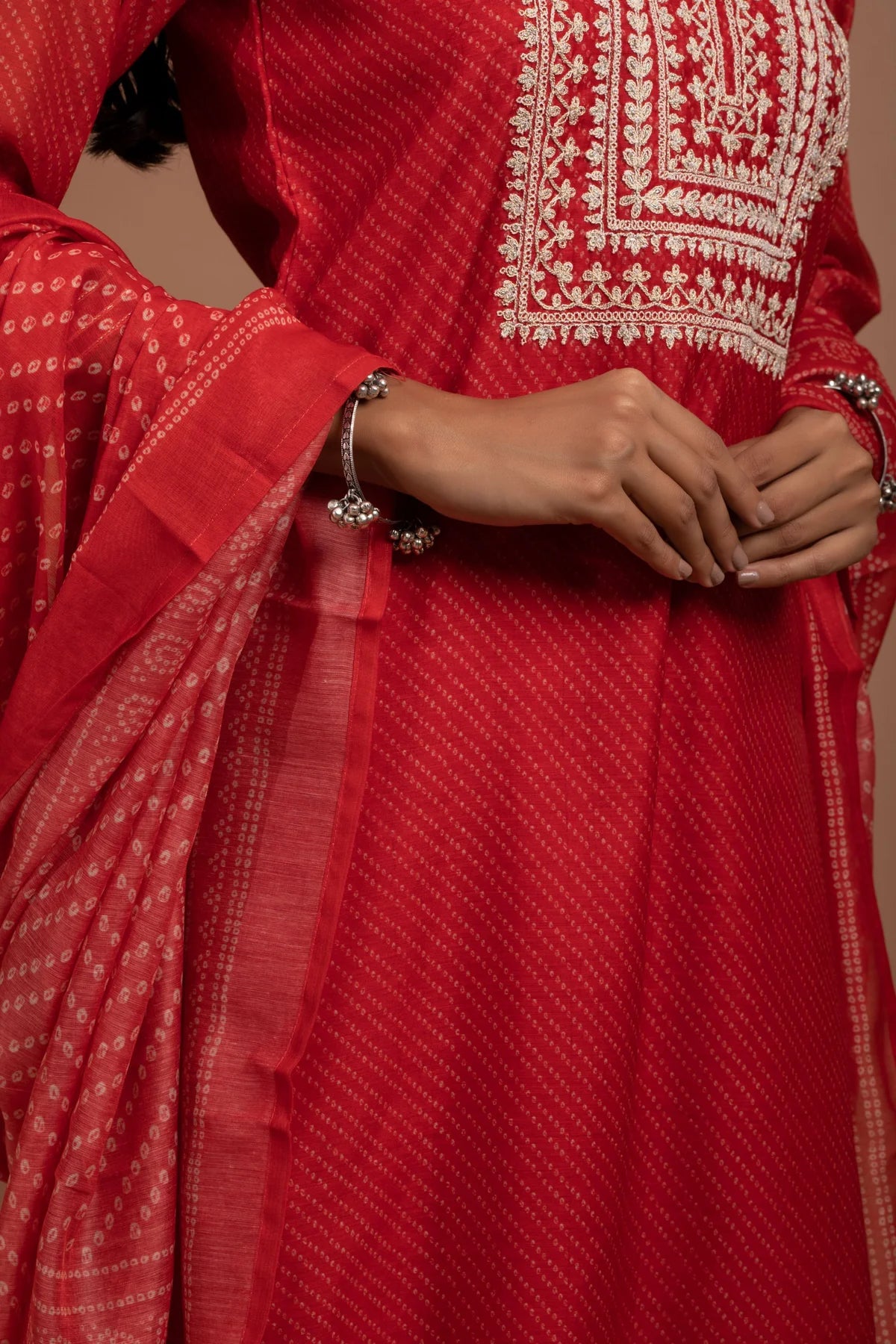 HERITAGE INDIA - RED STRAIGHT FIT CHANDERI KURTA SET (WITH PANT AND DUPATTA)