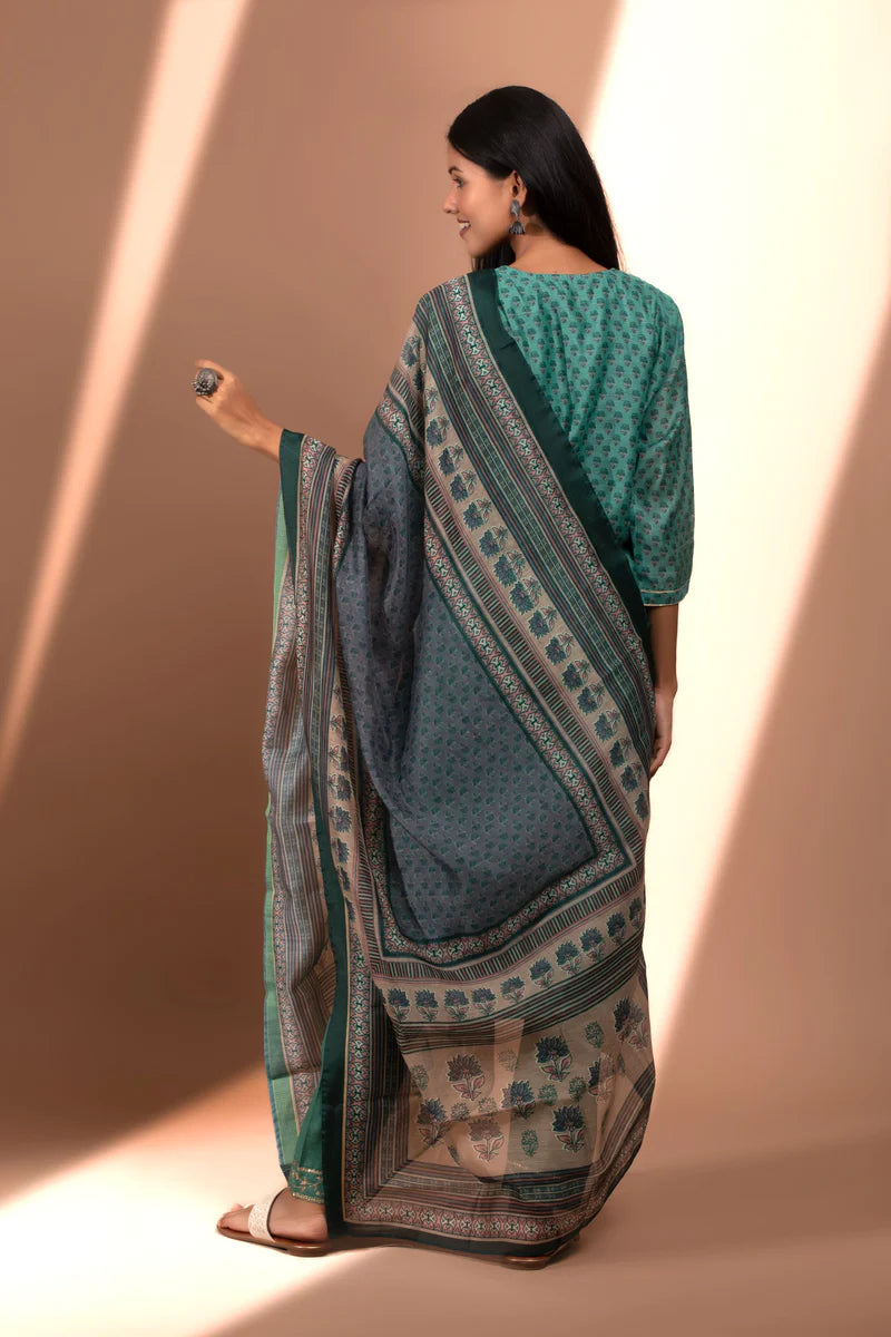 HERITAGE INDIA - GREEN STRAIGHT FIT CHANDERI KURTA SET (WITH PANT AND DUPATTA)