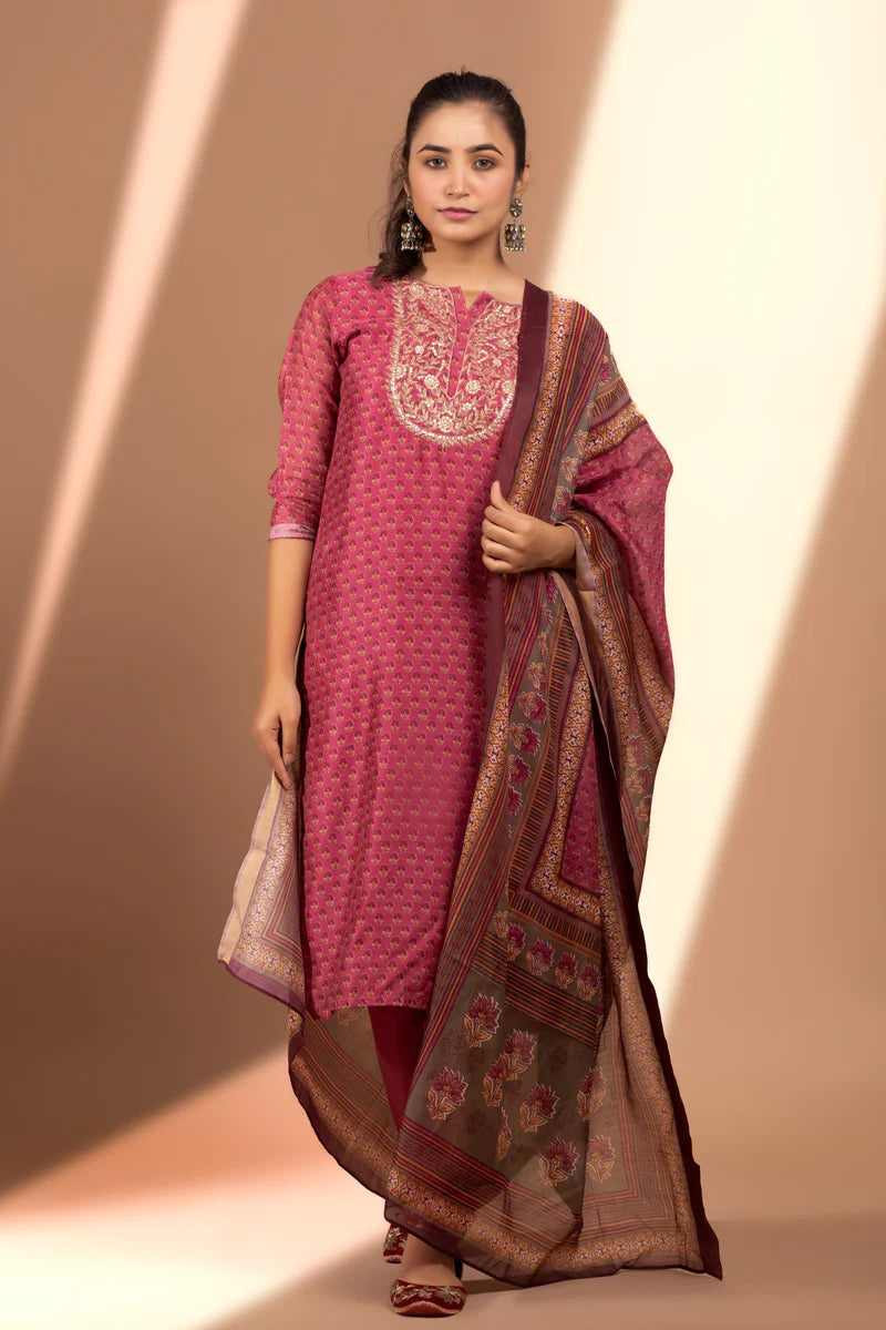 HERITAGE INDIA - VIOLET RED STRAIGHT FIT CHANDERI KURTA SET (WITH PANT AND DUPATTA)