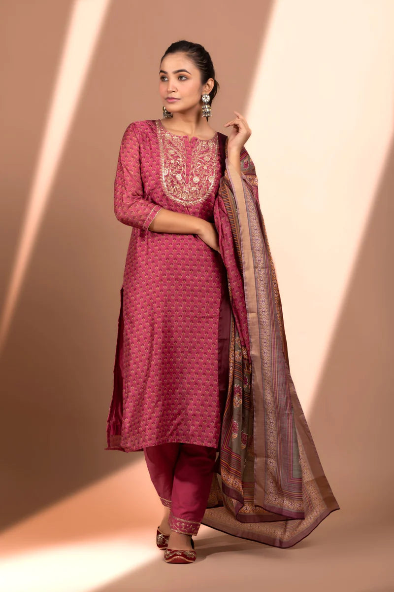 HERITAGE INDIA - VIOLET RED STRAIGHT FIT CHANDERI KURTA SET (WITH PANT AND DUPATTA)