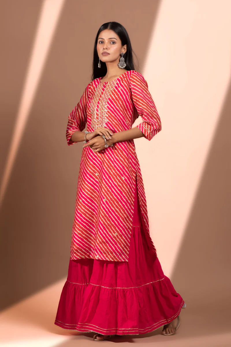 HERITAGE INDIA - PINK STRAIGHT FIT CHANDERI KURTA SET (WITH SHARARA AND DUPATTA)