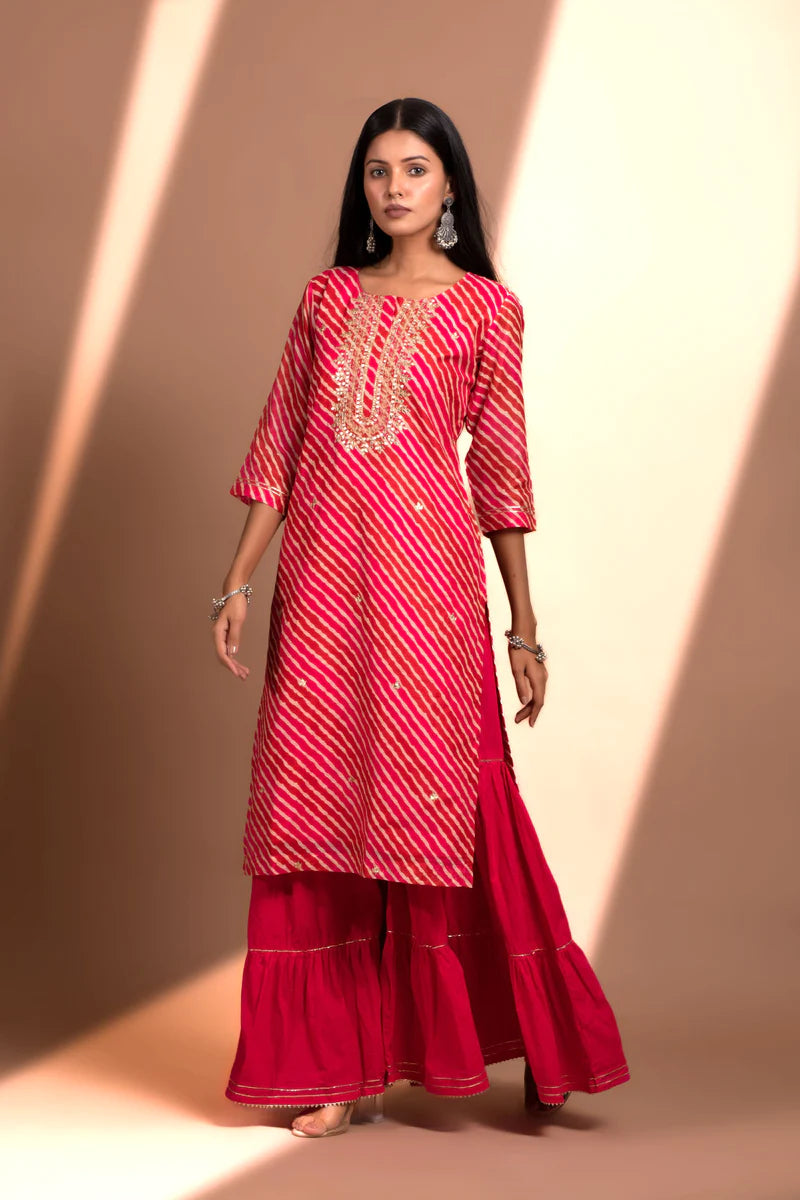 HERITAGE INDIA - PINK STRAIGHT FIT CHANDERI KURTA SET (WITH SHARARA AND DUPATTA)