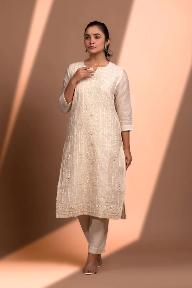 HERITAGE INDIA - OFF WHITE STRAIGHT FIT CHANDERI KURTA SET (WITH PANT AND DUPATTA)