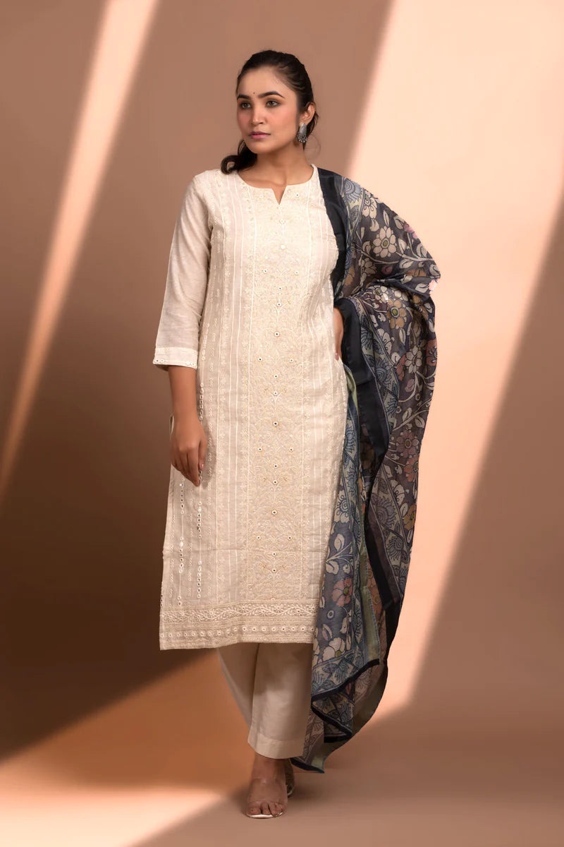 HERITAGE INDIA - OFF WHITE STRAIGHT FIT CHANDERI KURTA SET (WITH PANT AND DUPATTA)