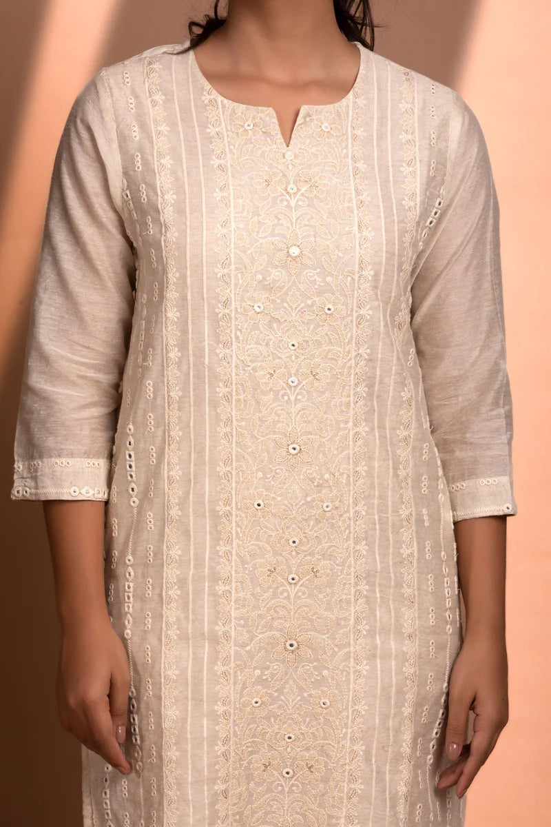 HERITAGE INDIA - OFF WHITE STRAIGHT FIT CHANDERI KURTA SET (WITH PANT AND DUPATTA)