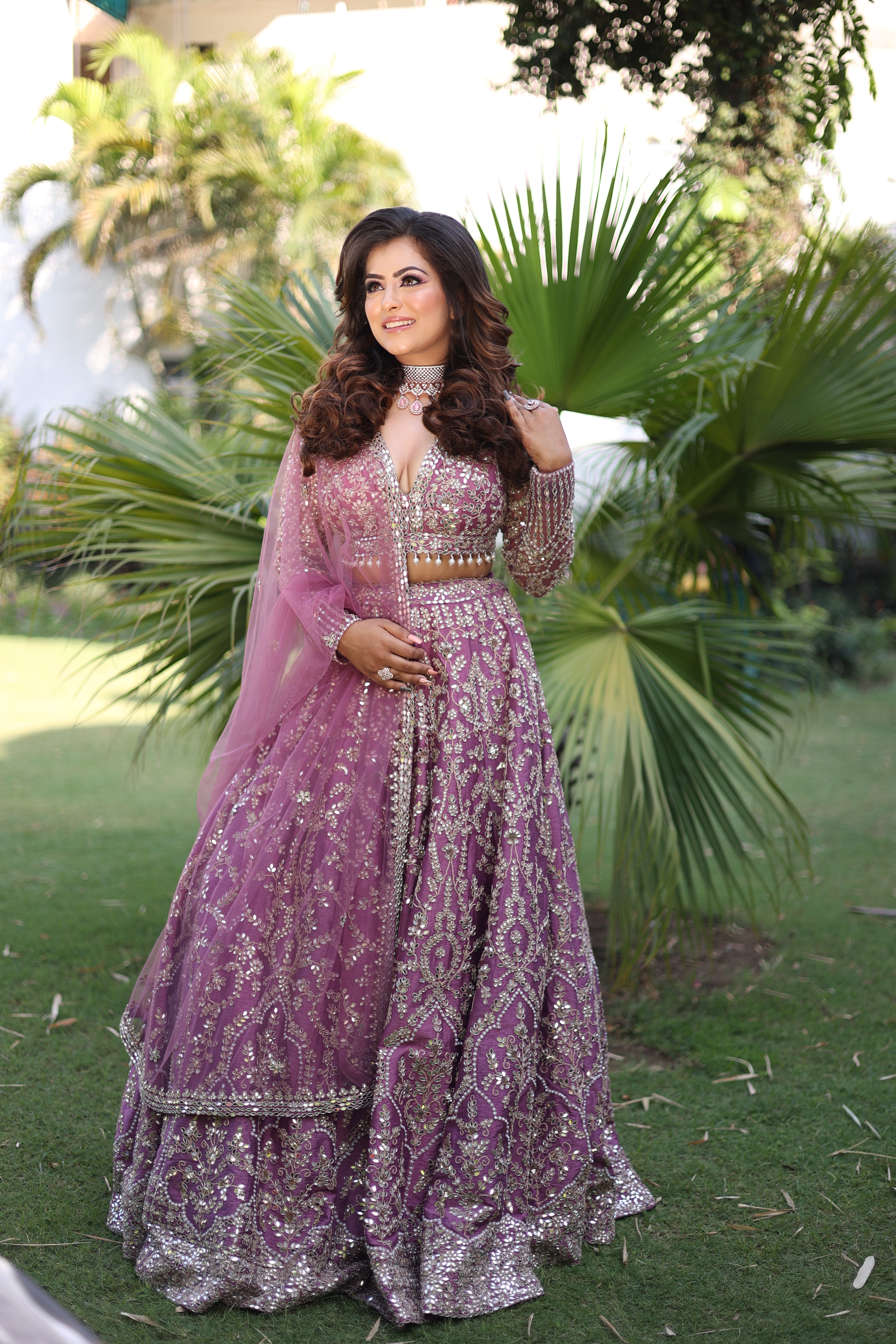 Lilac Net Sequin And Bead Embroidered Lehenga Set