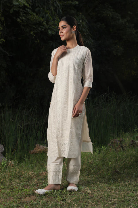 HERITAGE INDIA - CHIKANKARI CHANDERI SUIT SET (WITH EMBROIDERED PANTS)