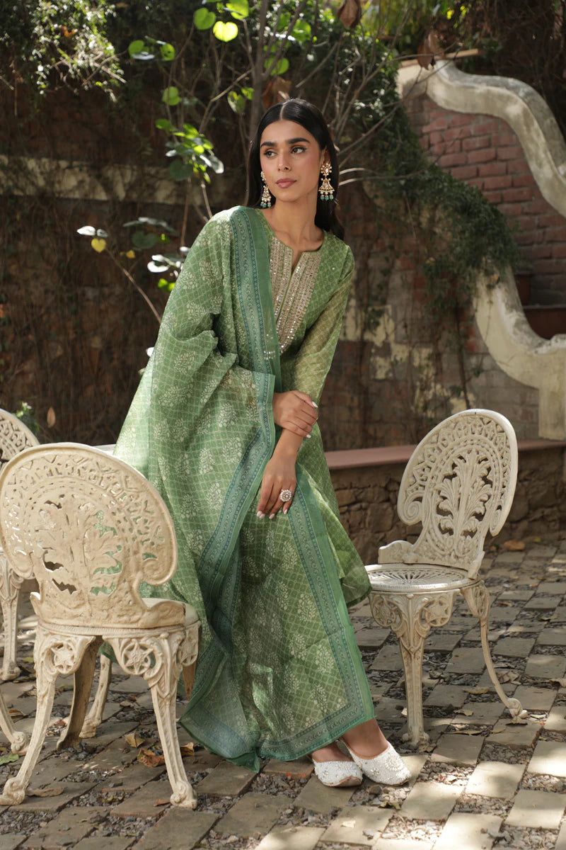 GREEN CHANDERI SUIT SET (WITH PANTS AND DUPATTA)