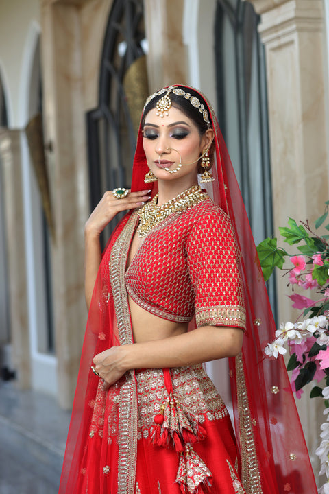 Red Raw Silk Embroidered Lehenga Set For Women