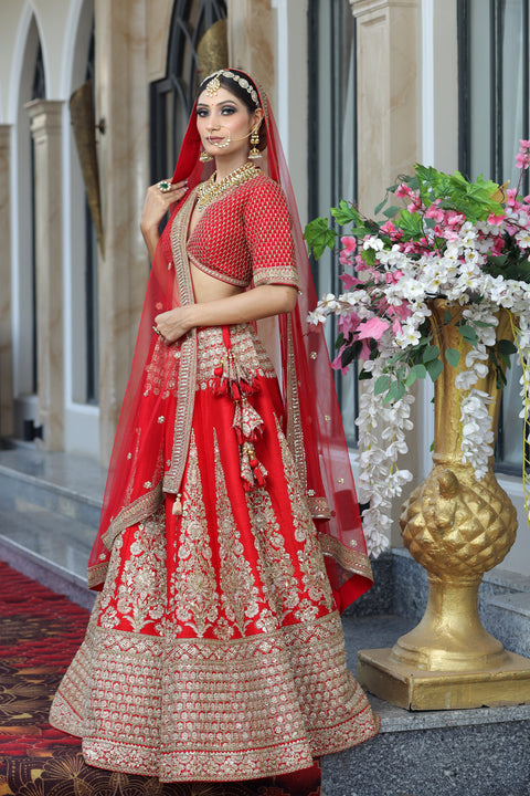 Red Raw Silk Embroidered Lehenga Set For Women