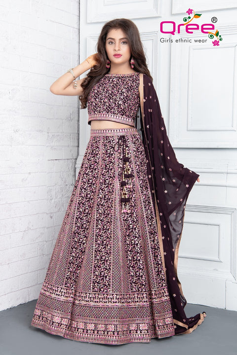 Wine Sequins Work Lehenga Set