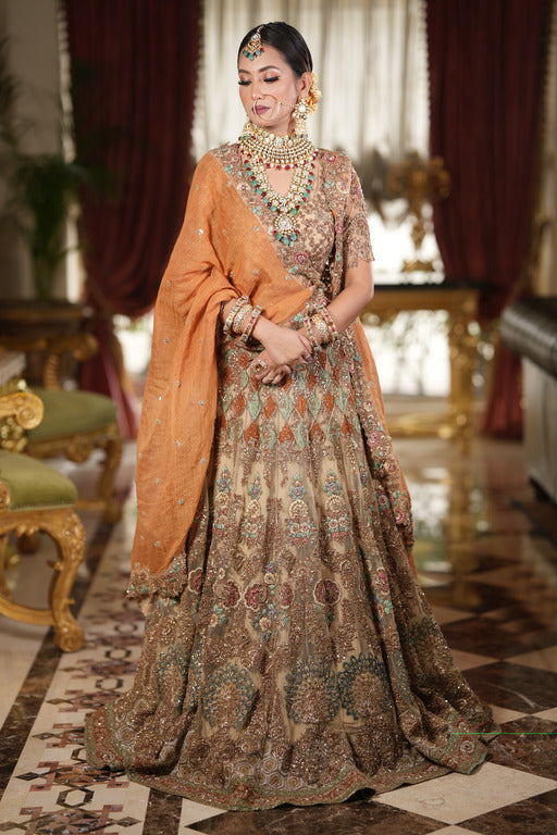 Golden Net Lehenga With Embroidery - Clearance
