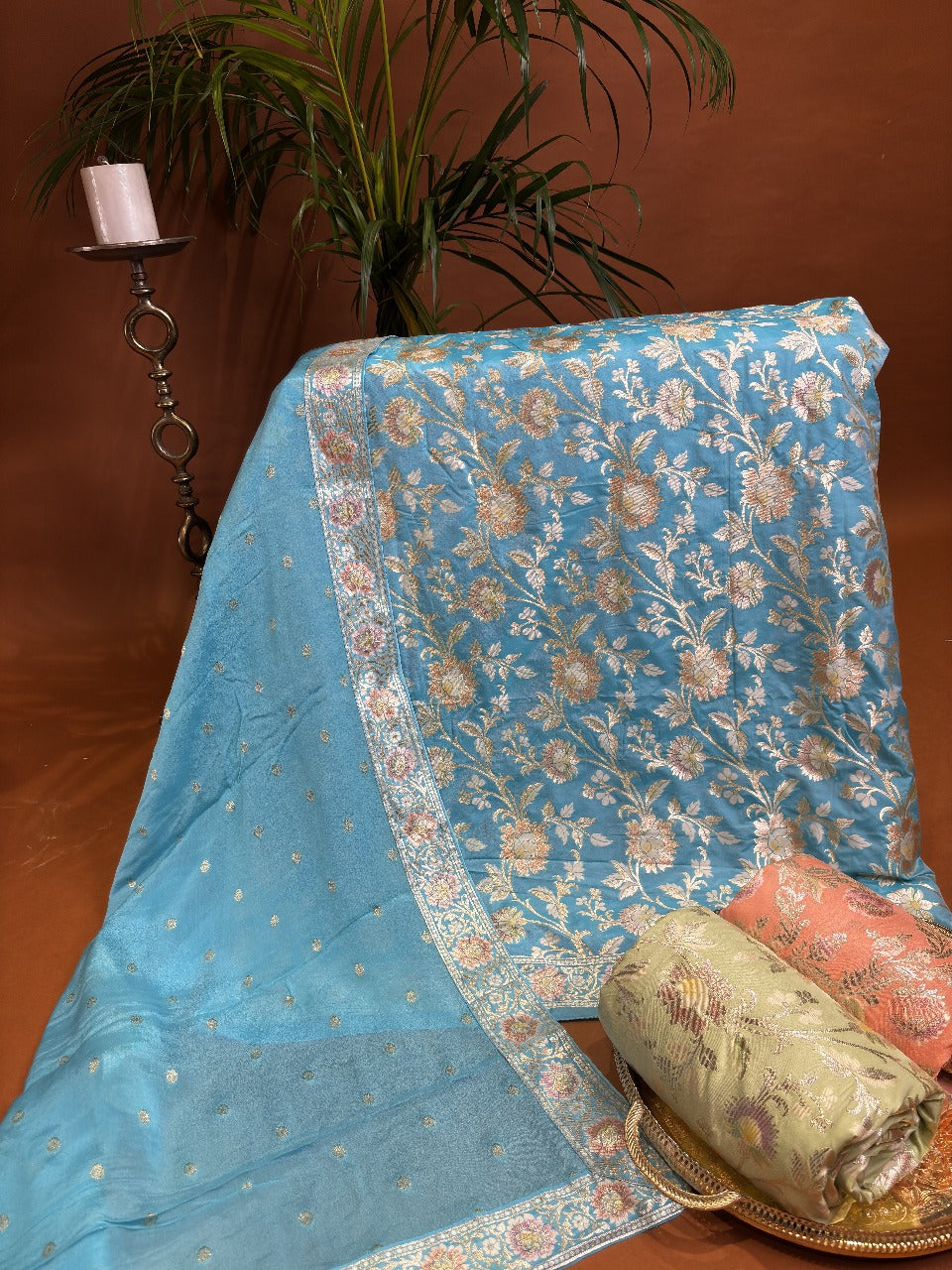 Turquoise banarasi silk suit with golden works