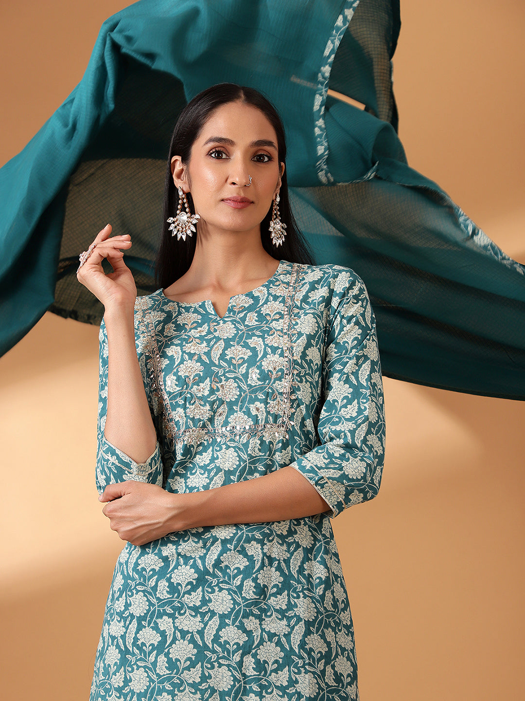 HERITAGE INDIA - TEAL HAND BLOCK PRINTED STRAIGHT FIT COTTON KURTA SET (WITH PANTS AND DUPATTA)