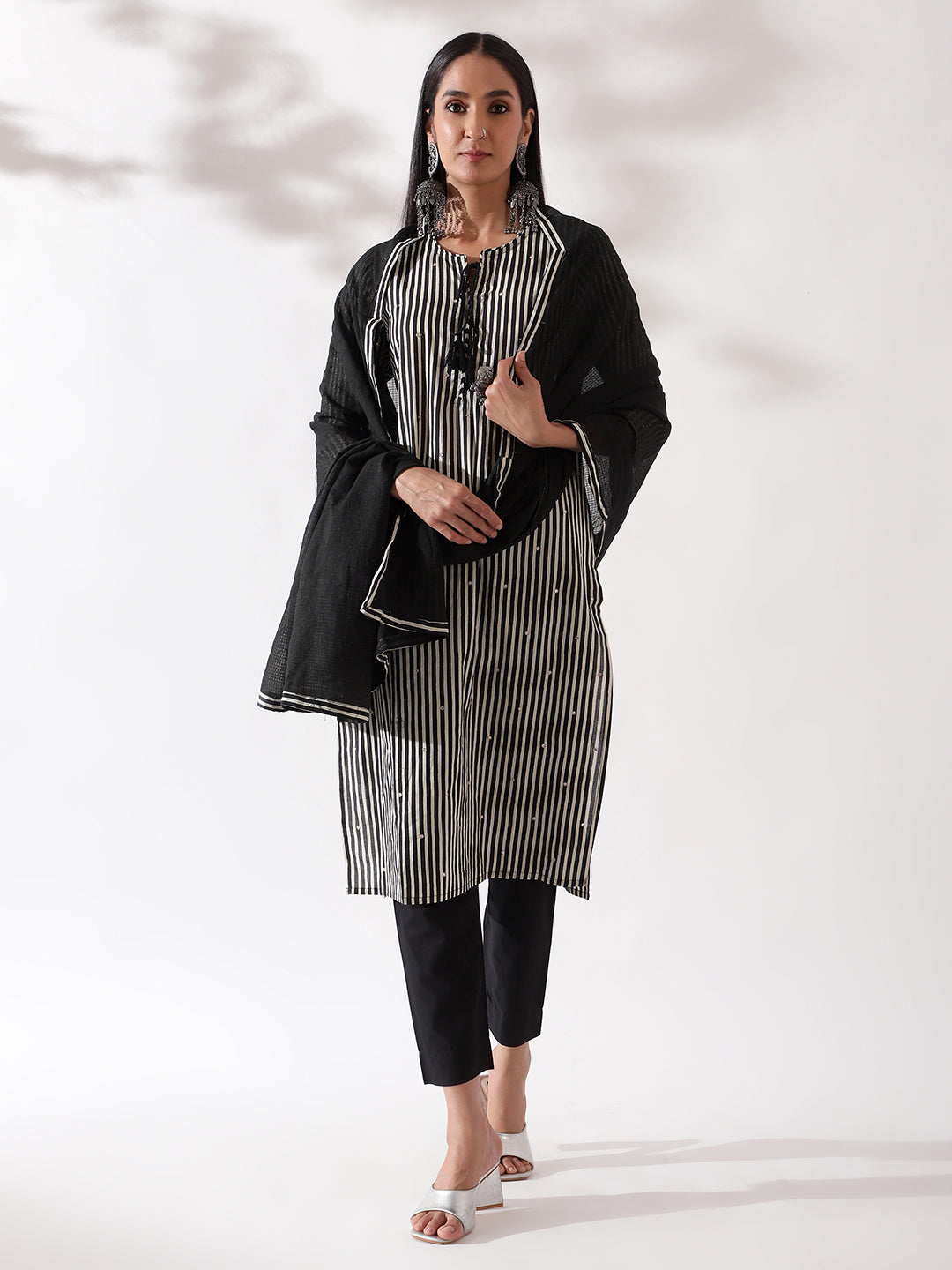 HERITAGE INDIA - BLACK DIGITAL STRIPED COTTON SUIT SET (WITH PANTS AND DUPATTA)