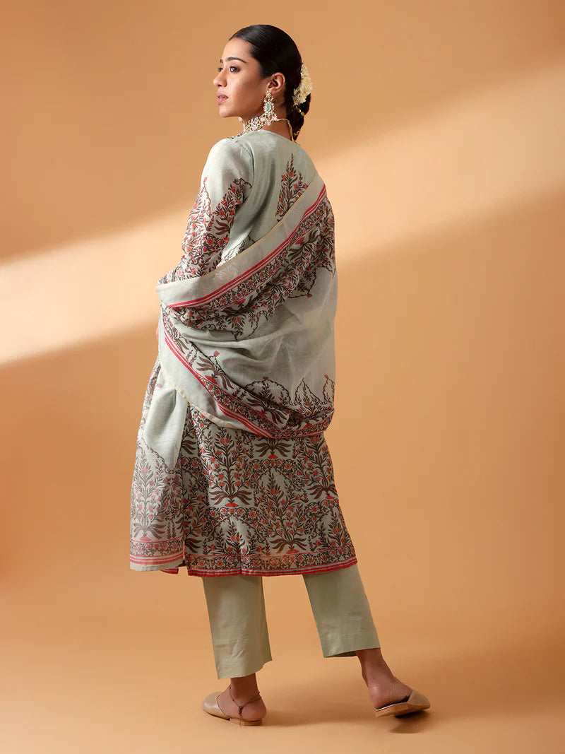 HERITAGE INDIA - MINT GREEN BLOCK PRINTED CHANDERI SUIT SET (WITH PANTS AND DUPATTA)