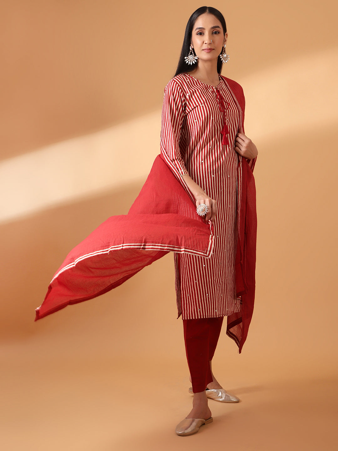 HERITAGE INDIA - MAROON DIGITAL STRIPED COTTON SUIT SET (WITH PANTS AND DUPATTA)