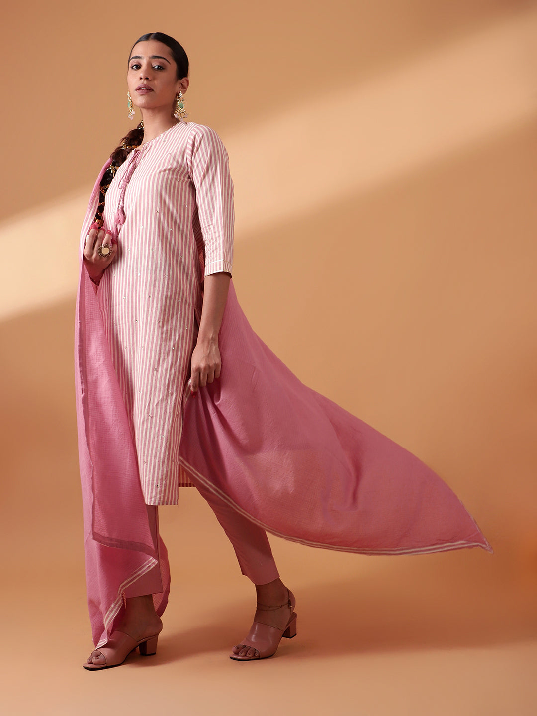 HERITAGE INDIA - PINK DIGITAL STRIPED COTTON SUIT SET (WITH PANTS AND DUPATTA)