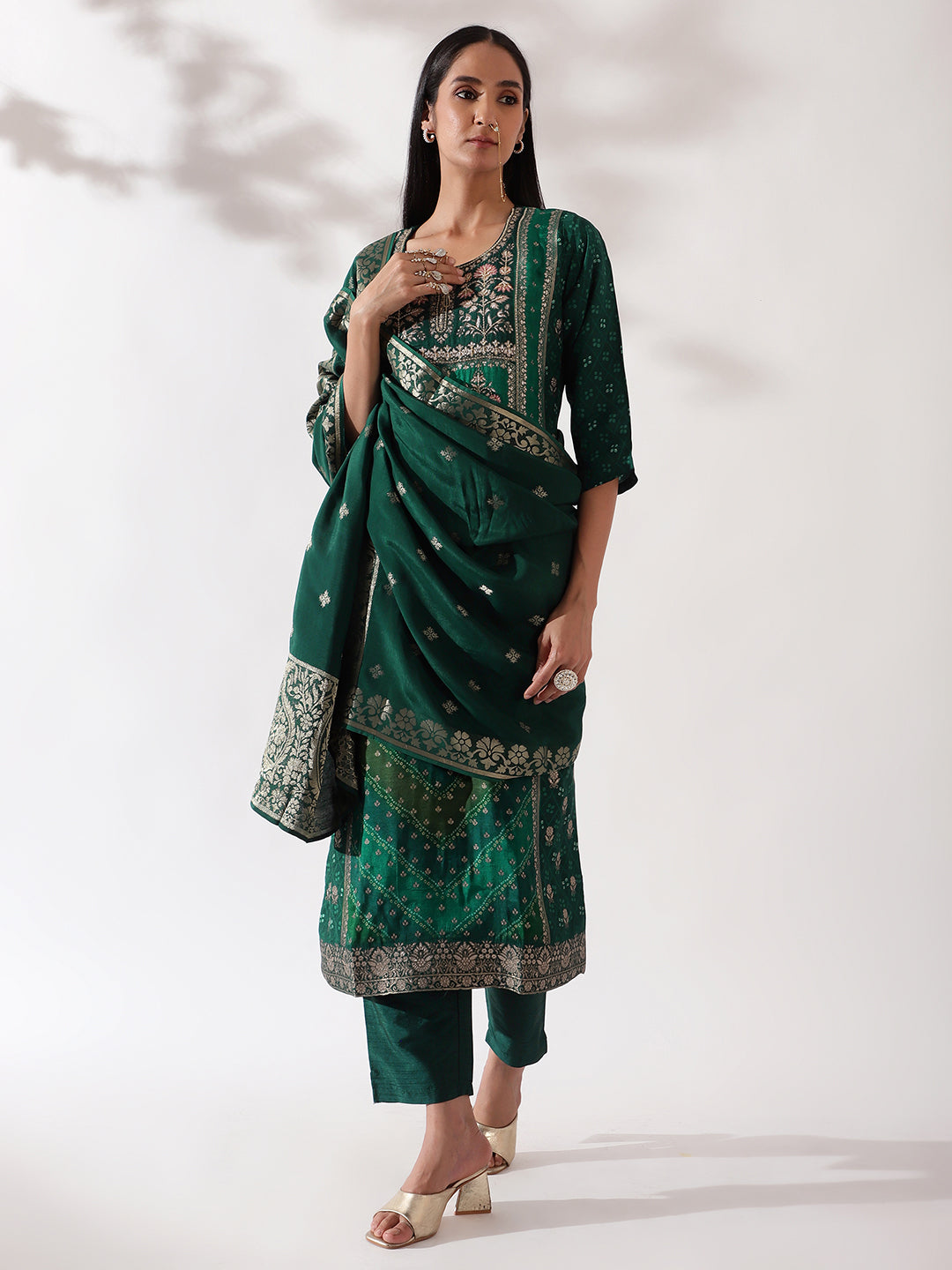HERITAGE INDIA - GREEN DOLA JACQUARD SUIT SET (WITH PANTS AND DUPATTA)
