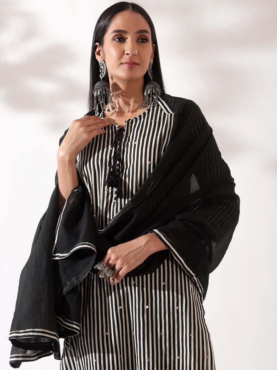 HERITAGE INDIA - BLACK DIGITAL STRIPED COTTON SUIT SET (WITH PANTS AND DUPATTA)