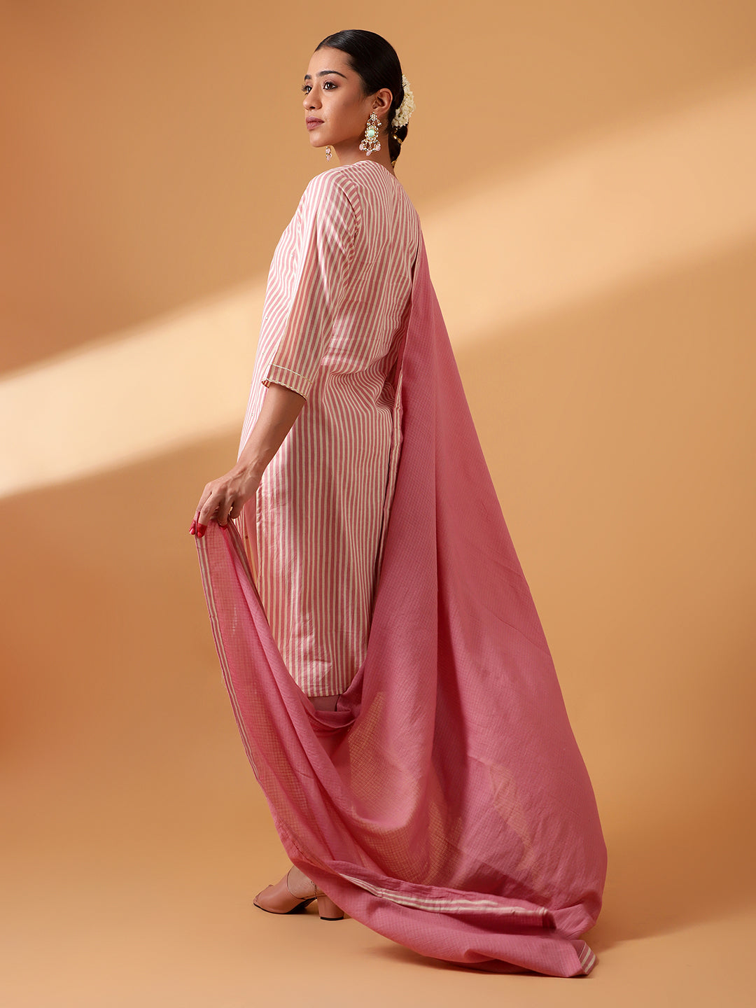 HERITAGE INDIA - PINK DIGITAL STRIPED COTTON SUIT SET (WITH PANTS AND DUPATTA)